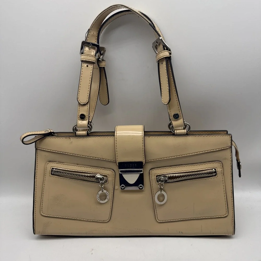 Vtg‎ Guess Purse Womens Handbag Tan Patent Leather Top Handle Buckle Y2K